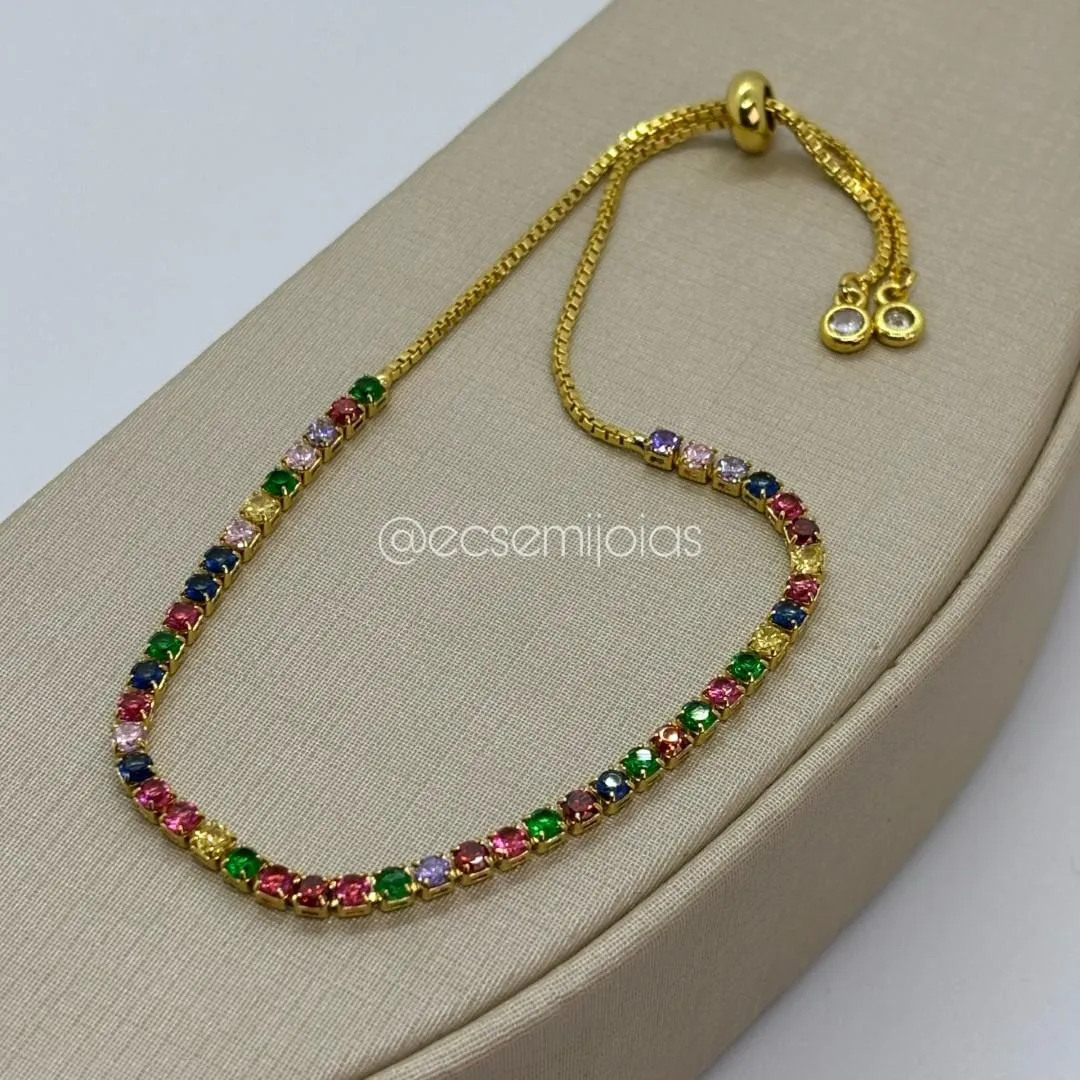 Pulseira ajustável com fileira de zircônias coloridas - banhado a ouro 18k