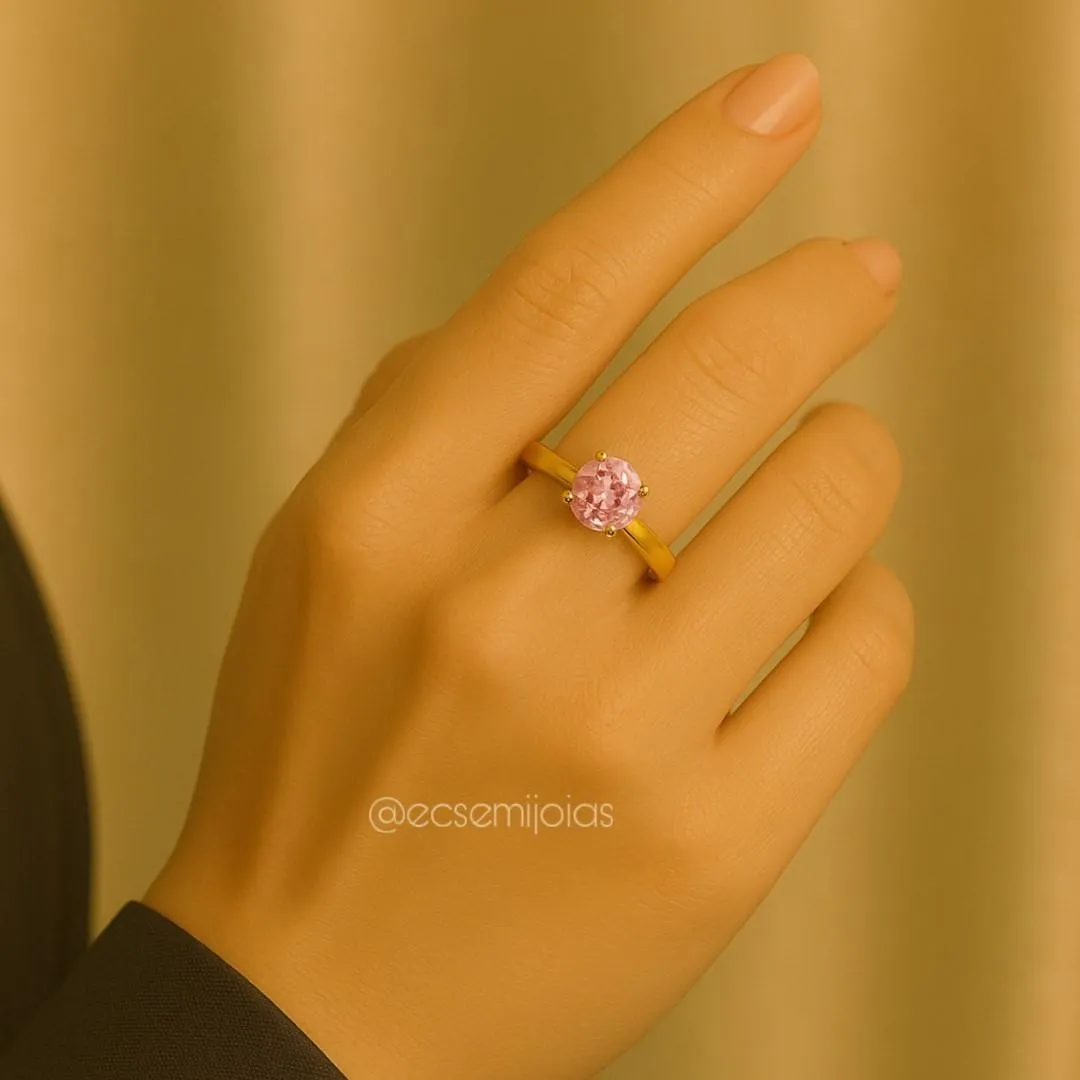 Anel solitário 5mm com 6 garras e aro liso - aço inoxidável dourado