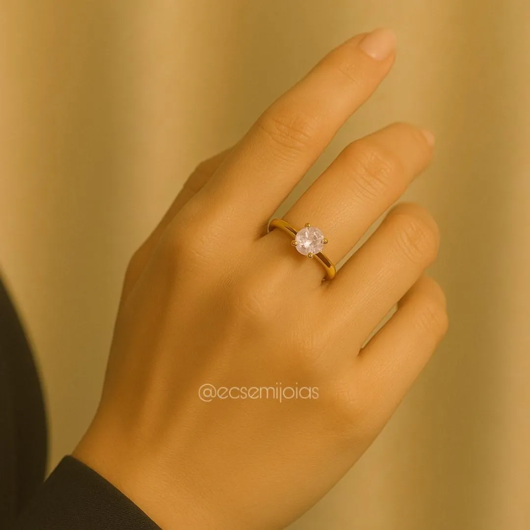 Anel solitário 5mm com 6 garras e aro liso - aço inoxidável dourado
