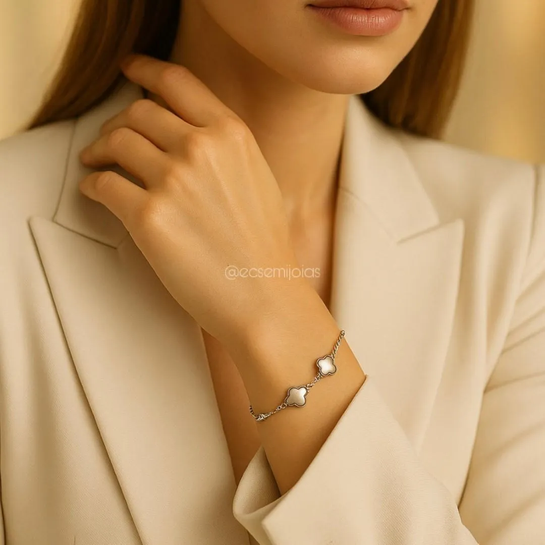 Pulseira com 3 trevos lisos - 16cm + extensor - aço inoxidável