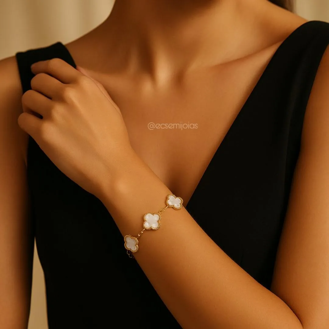 Pulseira de trevo 13mm - 16,5cm + extensor - aço inoxidável dourado