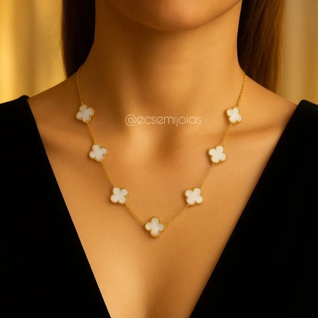 Colar com 7 trevos de 13mm - 45cm + extensor - aço inoxidável dourado