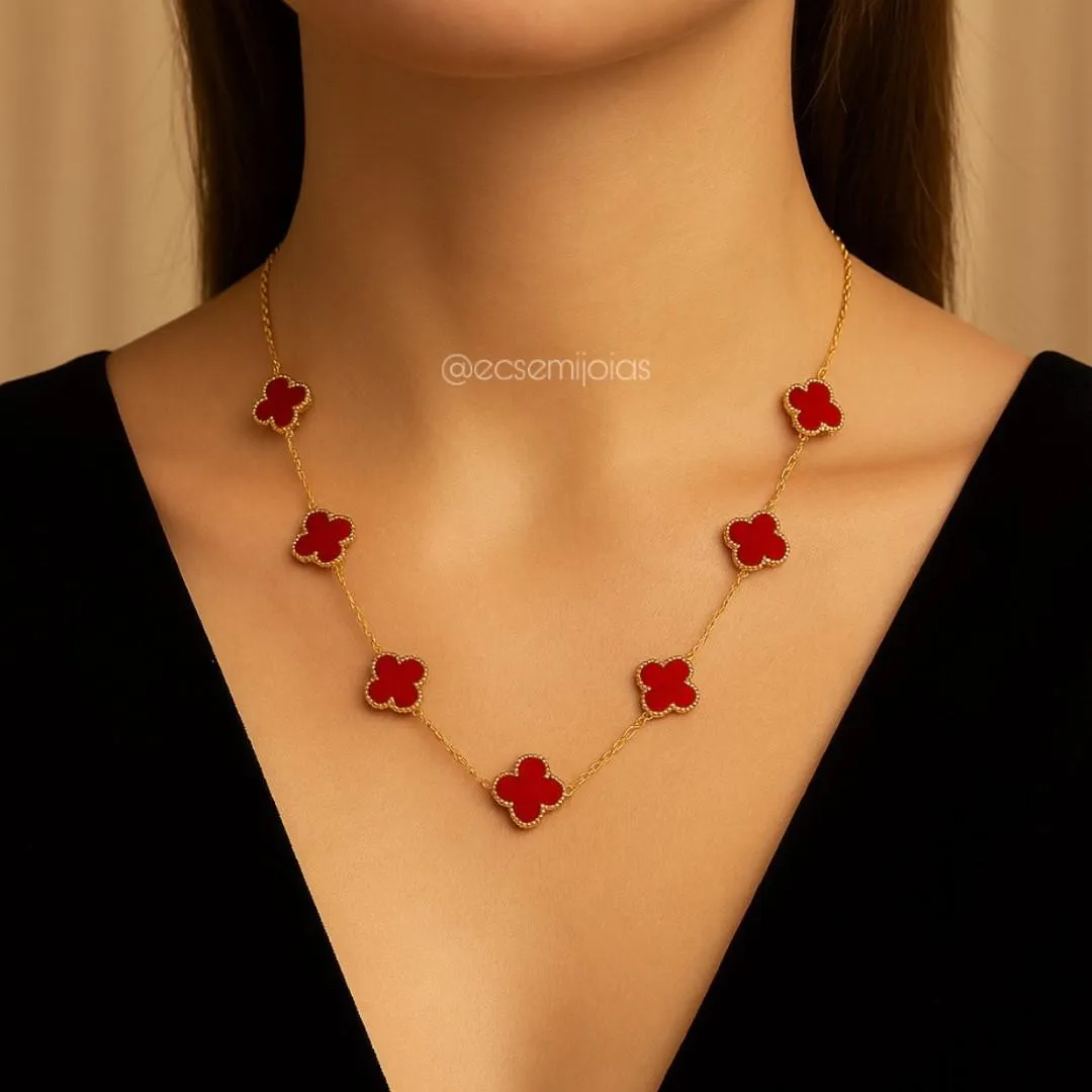 Colar com 7 trevos de 13mm - 45cm + extensor - aço inoxidável dourado