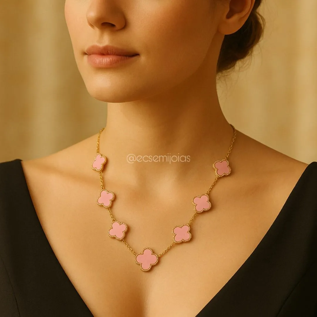 Colar com 7 trevos de 13mm - 45cm + extensor - aço inoxidável dourado
