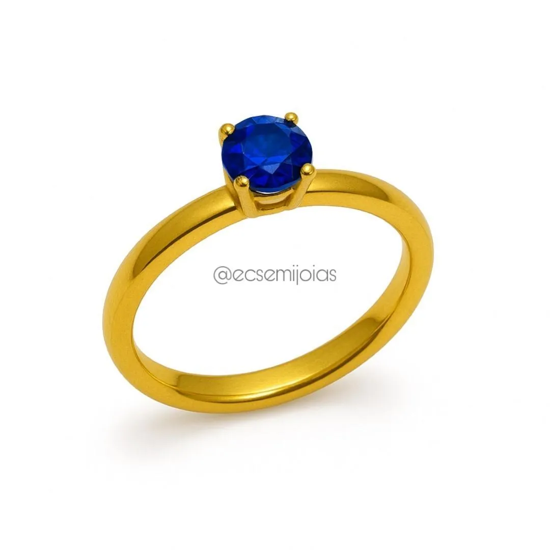 Anel solitário 5mm com 6 garras e aro liso - aço inoxidável dourado