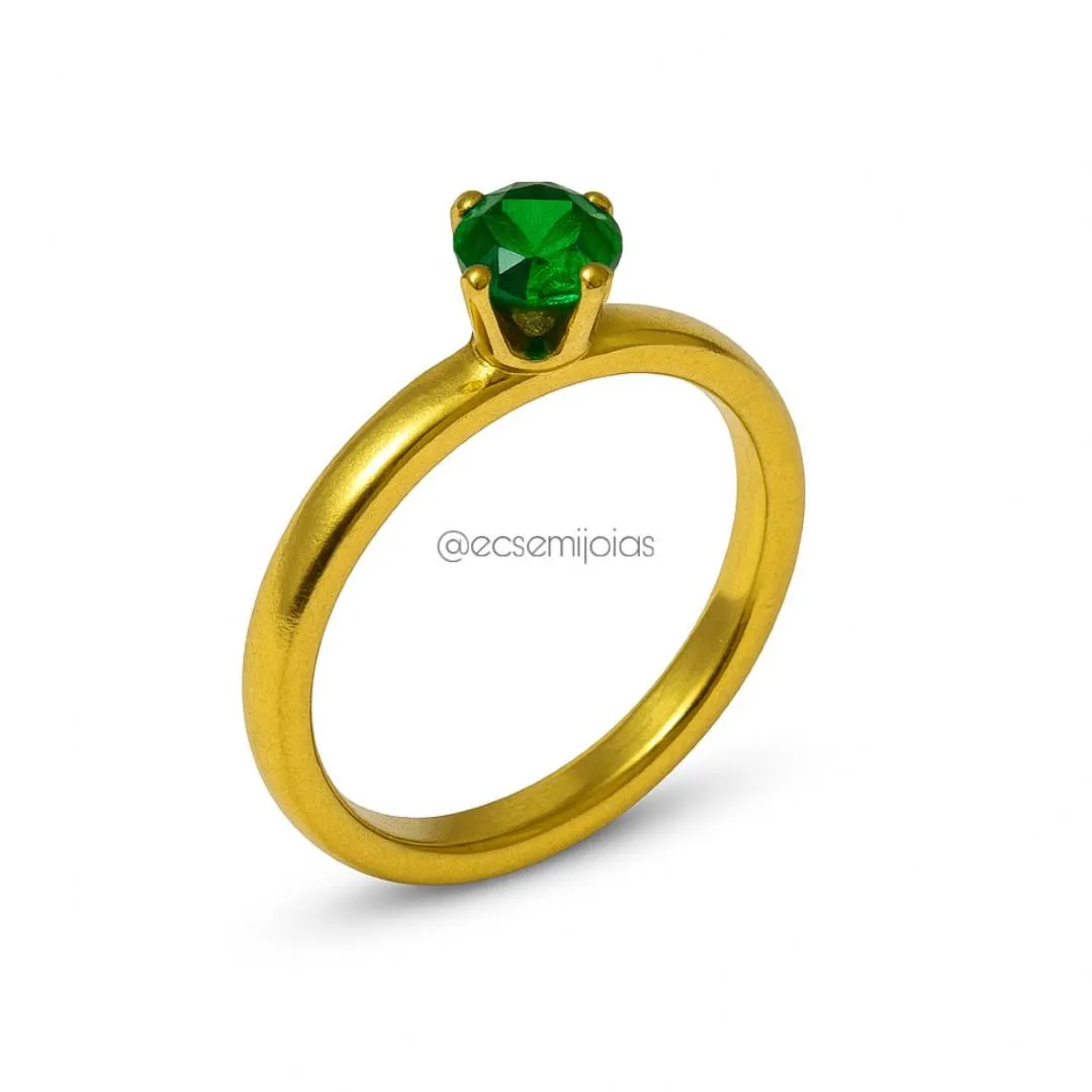 Anel solitário 5mm com 6 garras e aro liso - aço inoxidável dourado