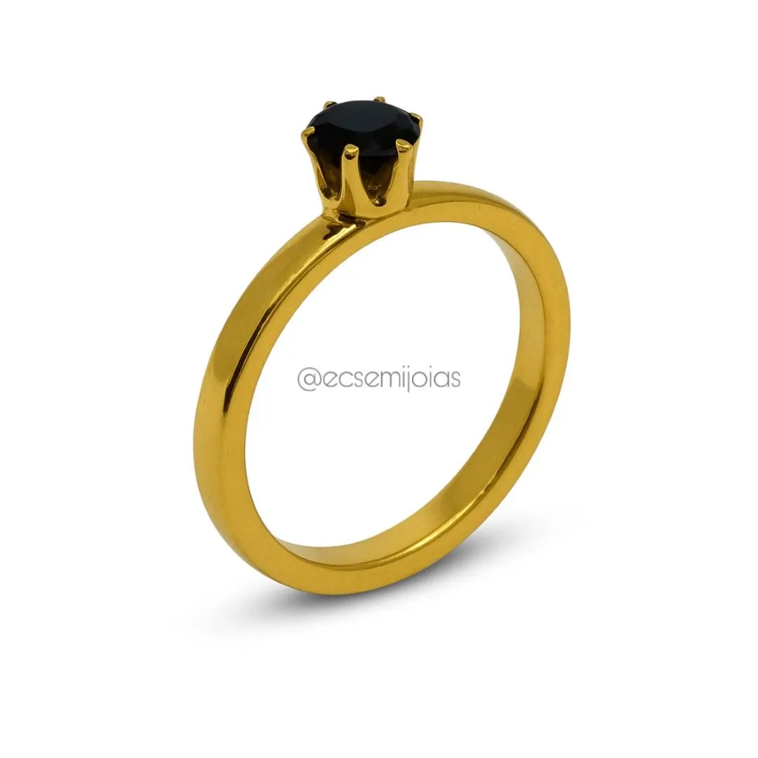 Anel solitário 5mm com 6 garras e aro liso - aço inoxidável dourado