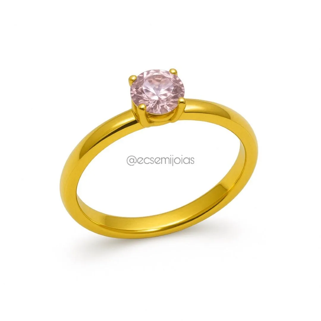 Anel solitário 5mm com 6 garras e aro liso - aço inoxidável dourado