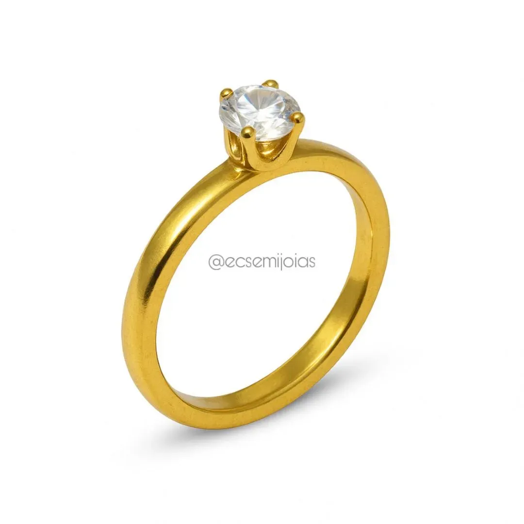 Anel solitário 5mm com 6 garras e aro liso - aço inoxidável dourado
