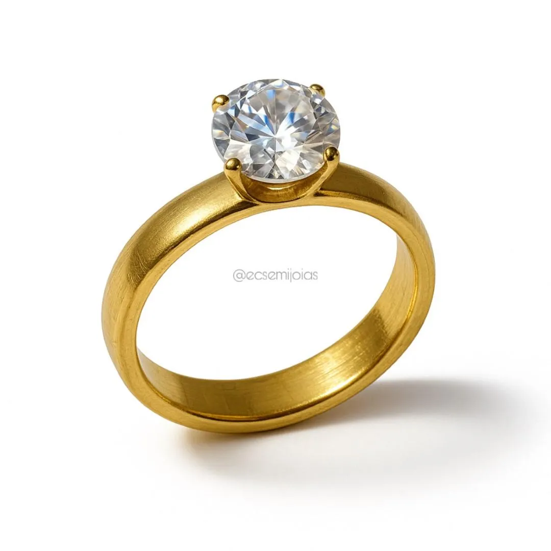 Anel solitário 7mm com 6 garras e aro liso - aço inoxidável dourado