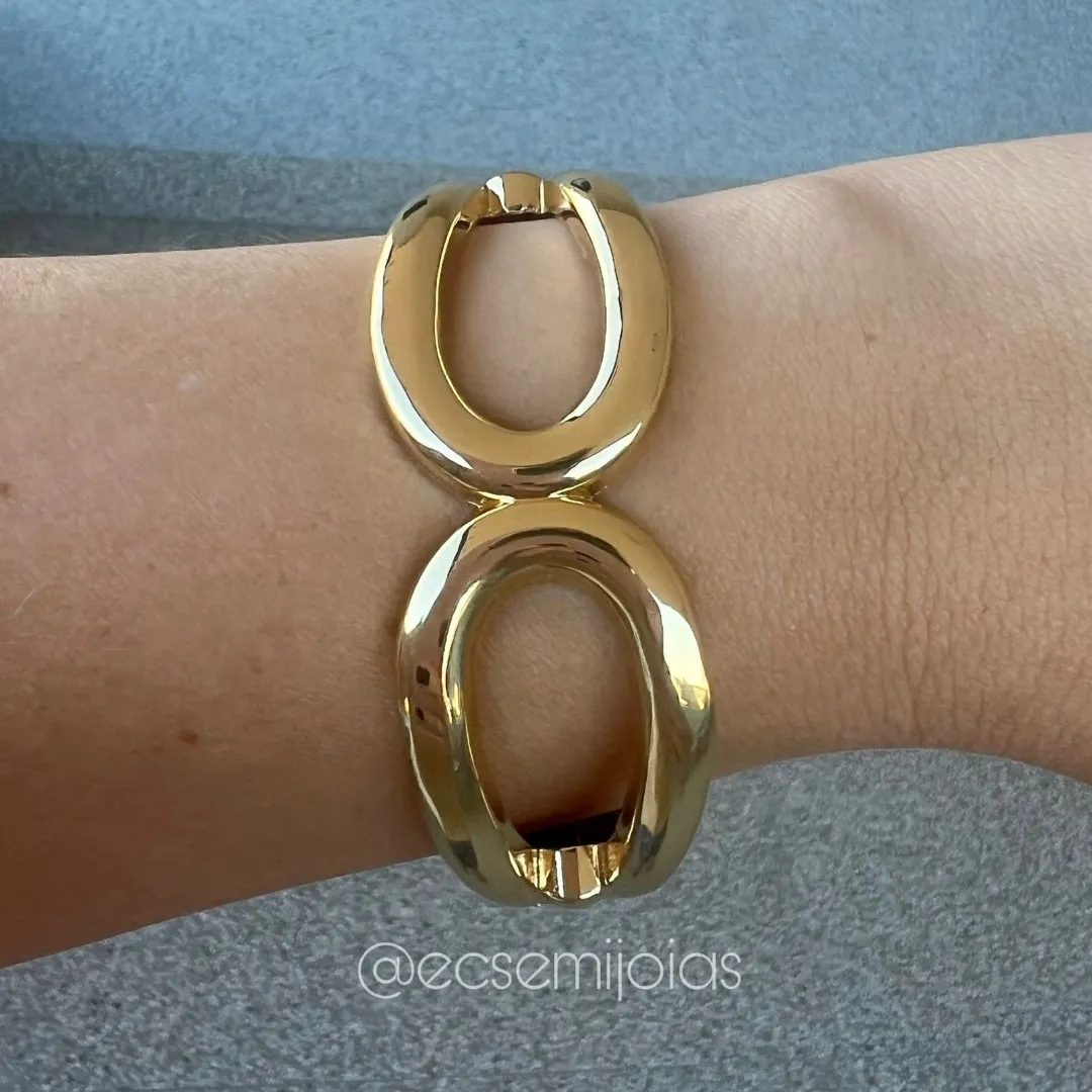 Bracelete com 2 partes de gotas lisas vazadas - 2,5cm espessura - banhado a ouro 18k