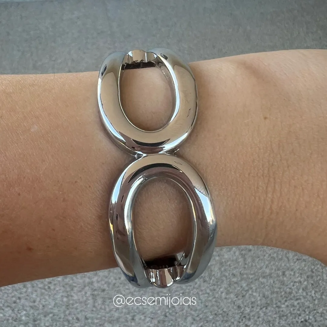 Bracelete com 2 partes de gotas lisas vazadas - 2,5cm espessura - banhado a ródio branco