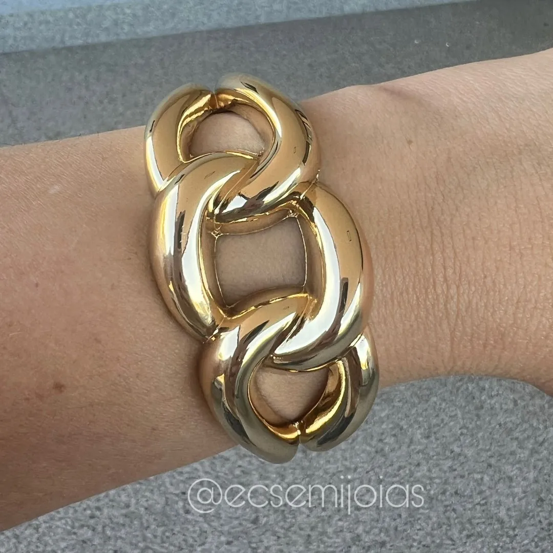 Bracelete de elos grandes lisos vazados - 3,2cm espessura - banhado a ouro 18k