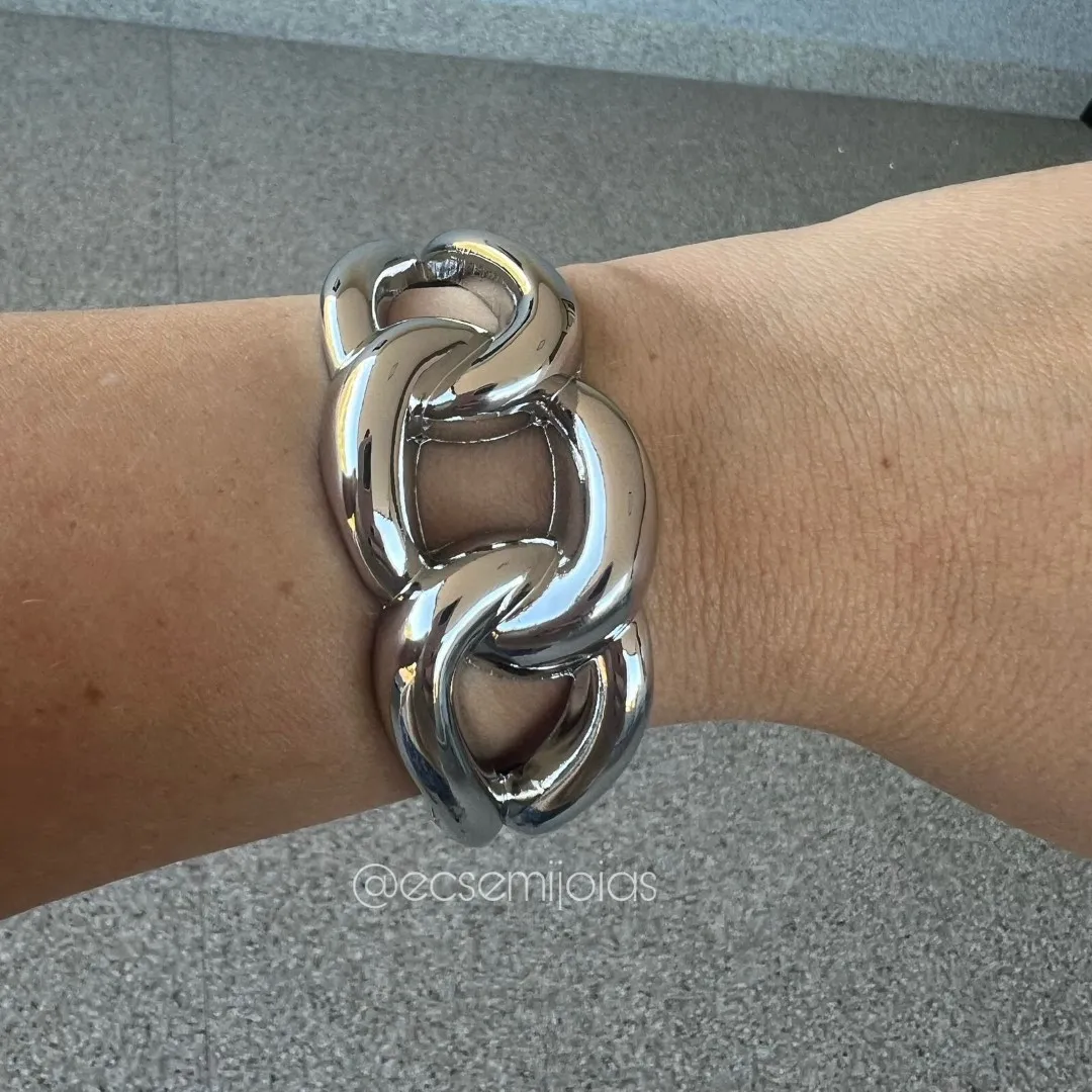 Bracelete de elos grandes lisos vazados - 3,2cm espessura - banhado a ródio branco