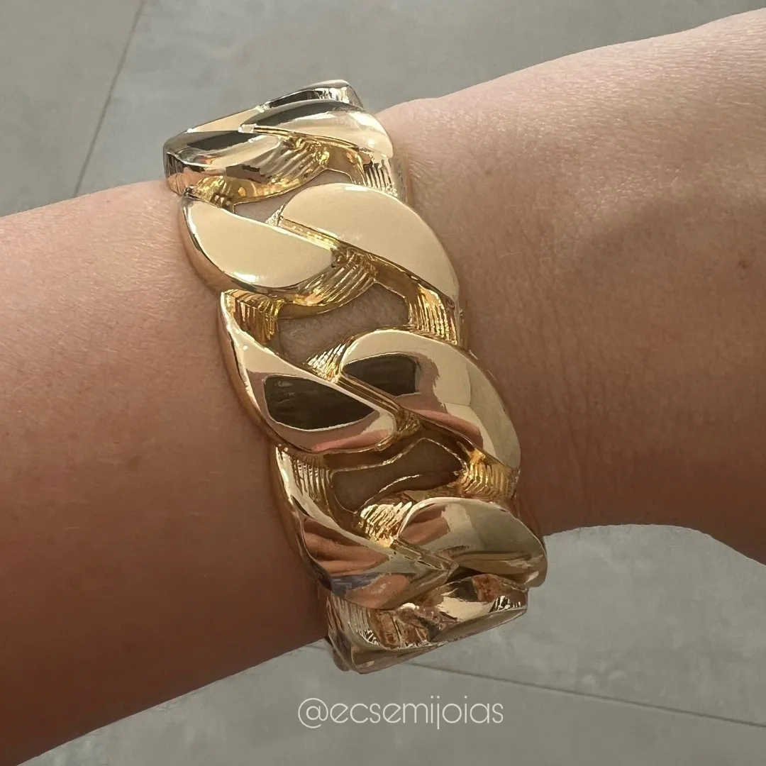 Bracelete elo grumet de aro grosso liso - 2,5cm espessura - banhado a ouro 18k