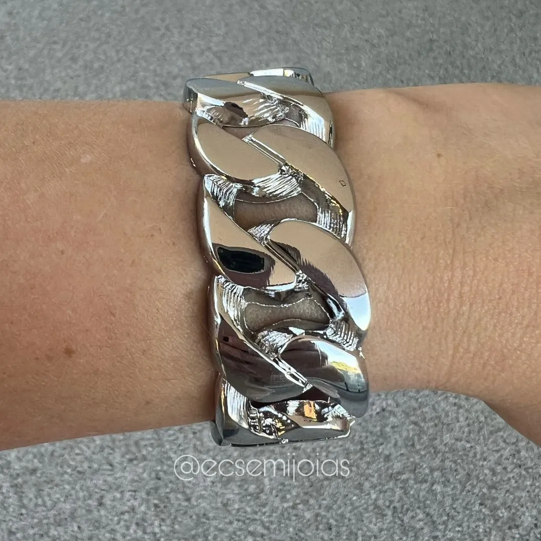 Bracelete elo grumet de aro grosso liso - 2,5cm espessura - banhado a ródio branco