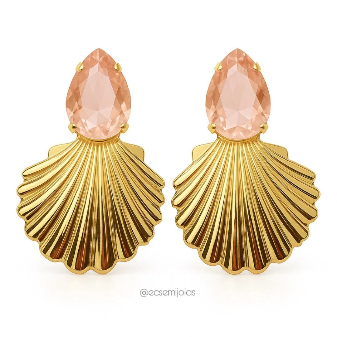 Brinco com gota cristal e concha grande - banhado a ouro 18k