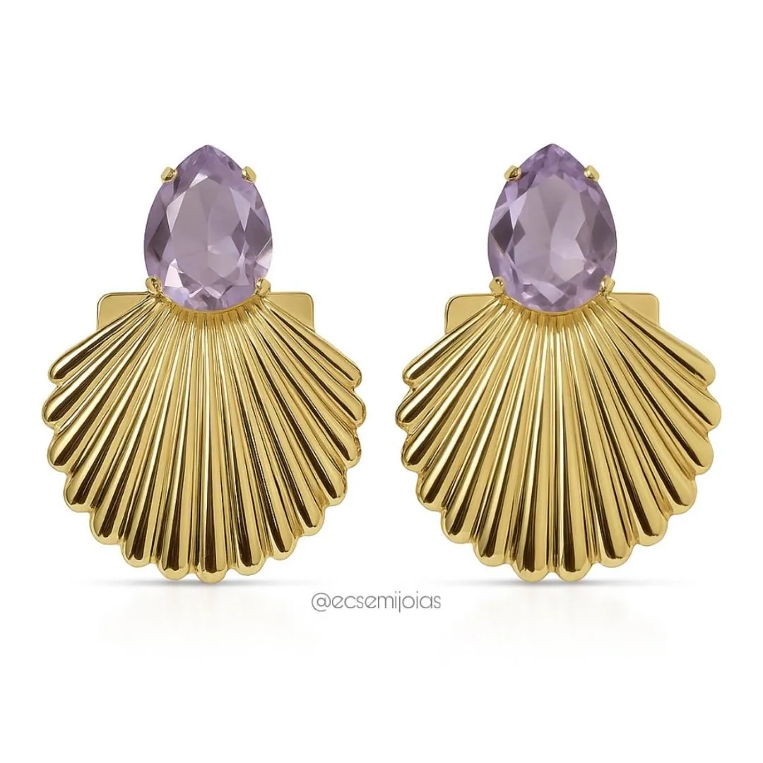 Brinco com gota cristal e concha grande - banhado a ouro 18k