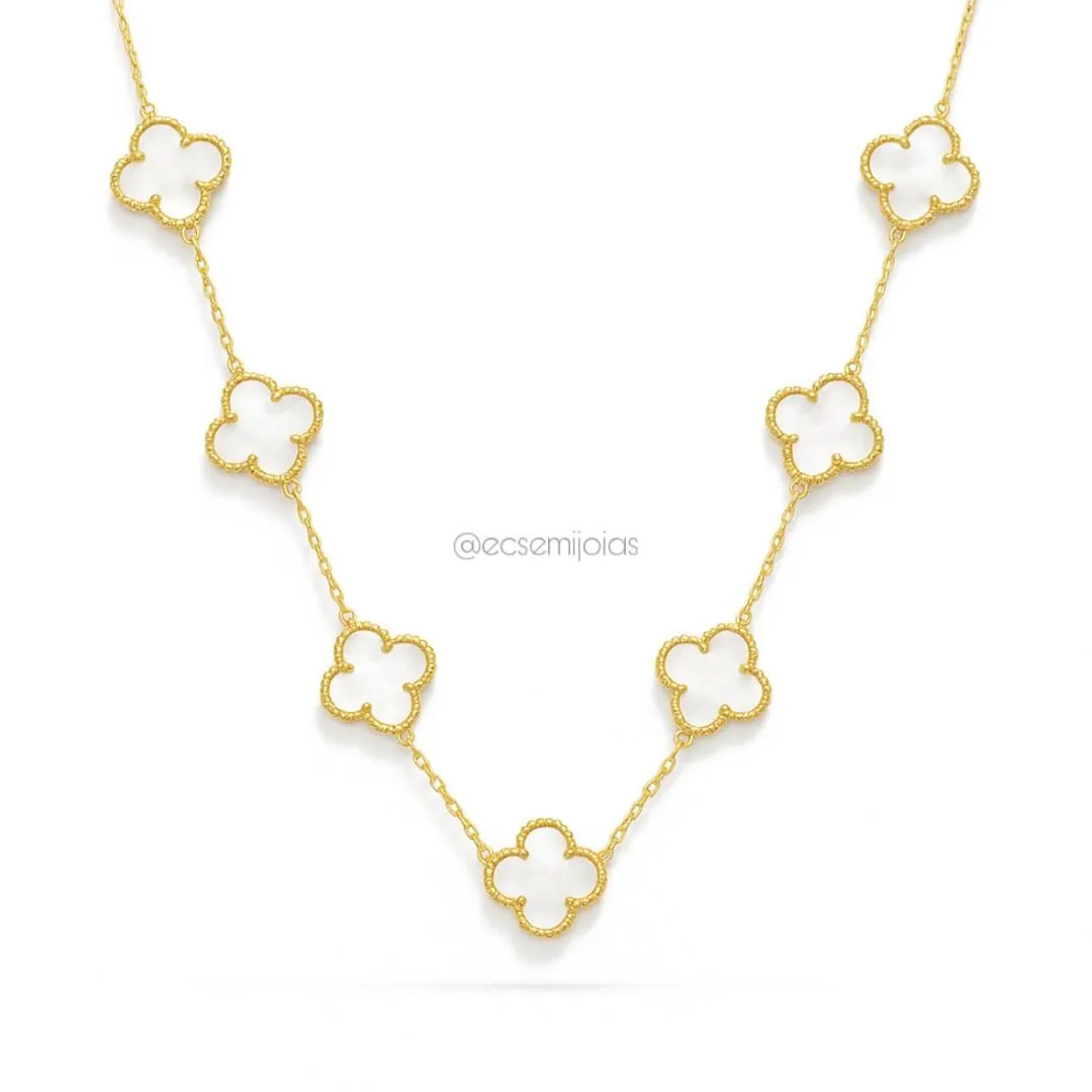 Colar com 7 trevos de 13mm - 45cm + extensor - aço inoxidável dourado