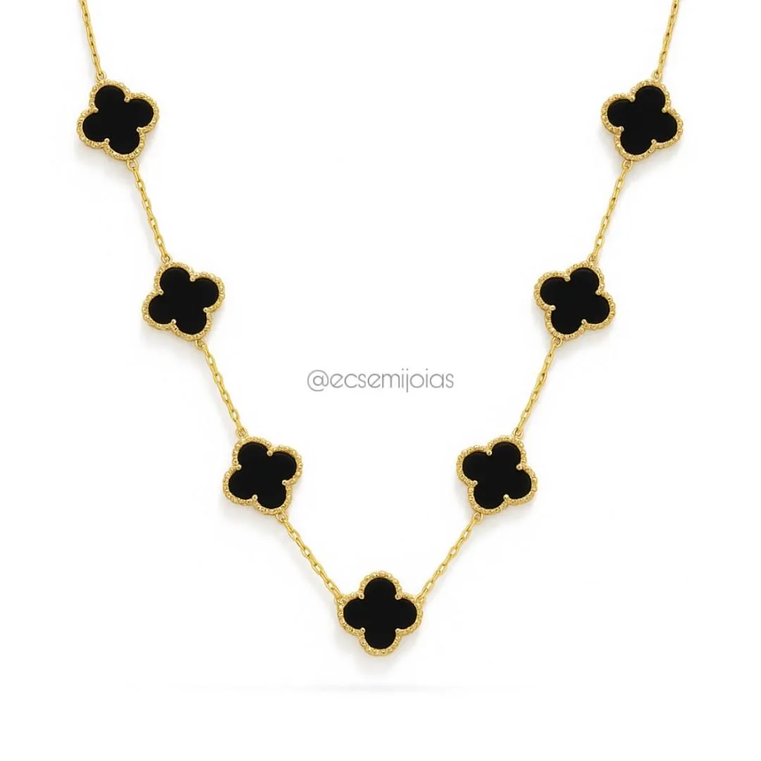 Colar com 7 trevos de 13mm - 45cm + extensor - aço inoxidável dourado