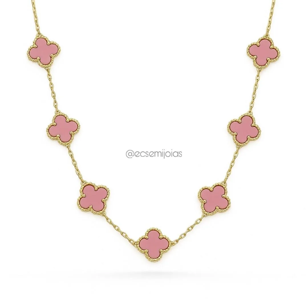 Colar com 7 trevos de 13mm - 45cm + extensor - aço inoxidável dourado