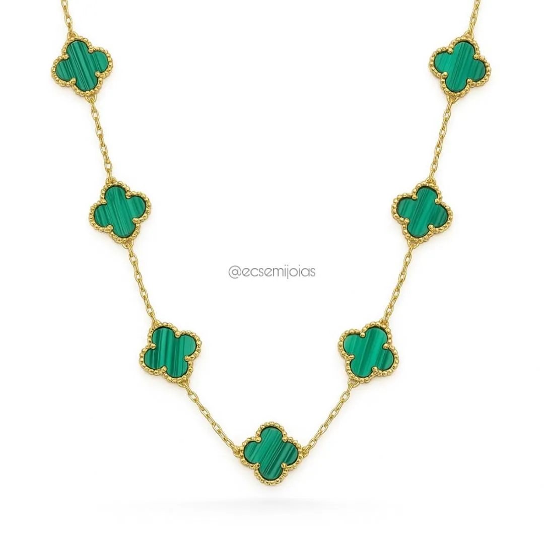 Colar com 7 trevos de 13mm - 45cm + extensor - aço inoxidável dourado