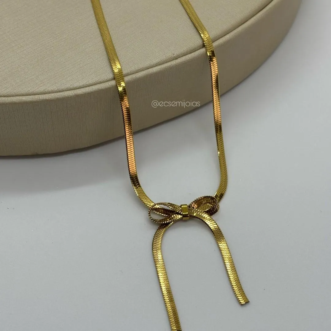 Colar de fita de 3mm com laço de fita - 40cm + extensor - aço dourado
