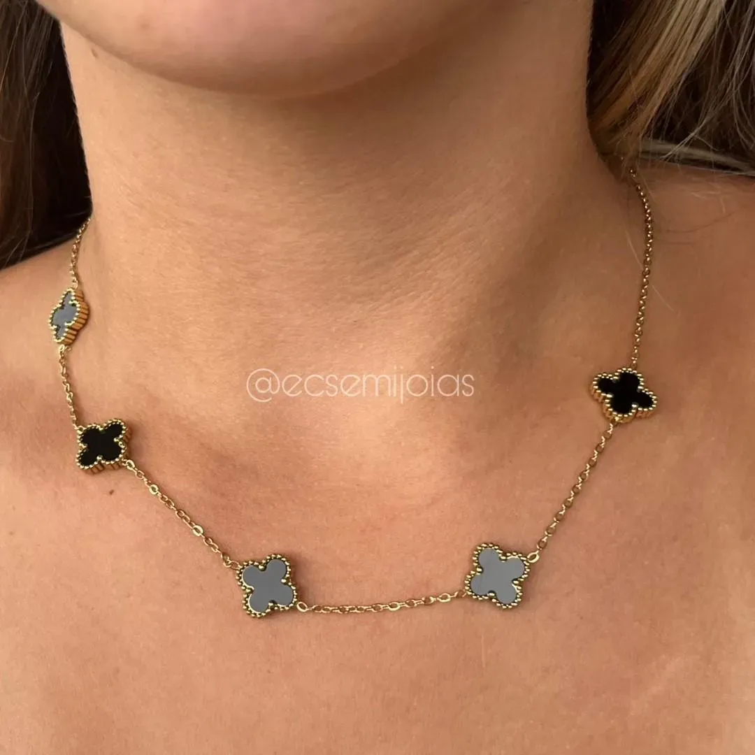 Colar com 5 trevos de 13mm - 45cm + extensor - aço dourado