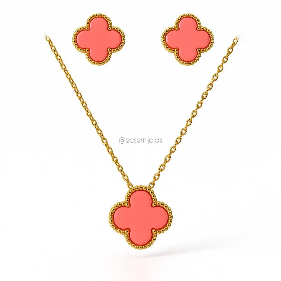 Conjunto de brinco e colar de trevo 13mm - aço inoxidável dourado