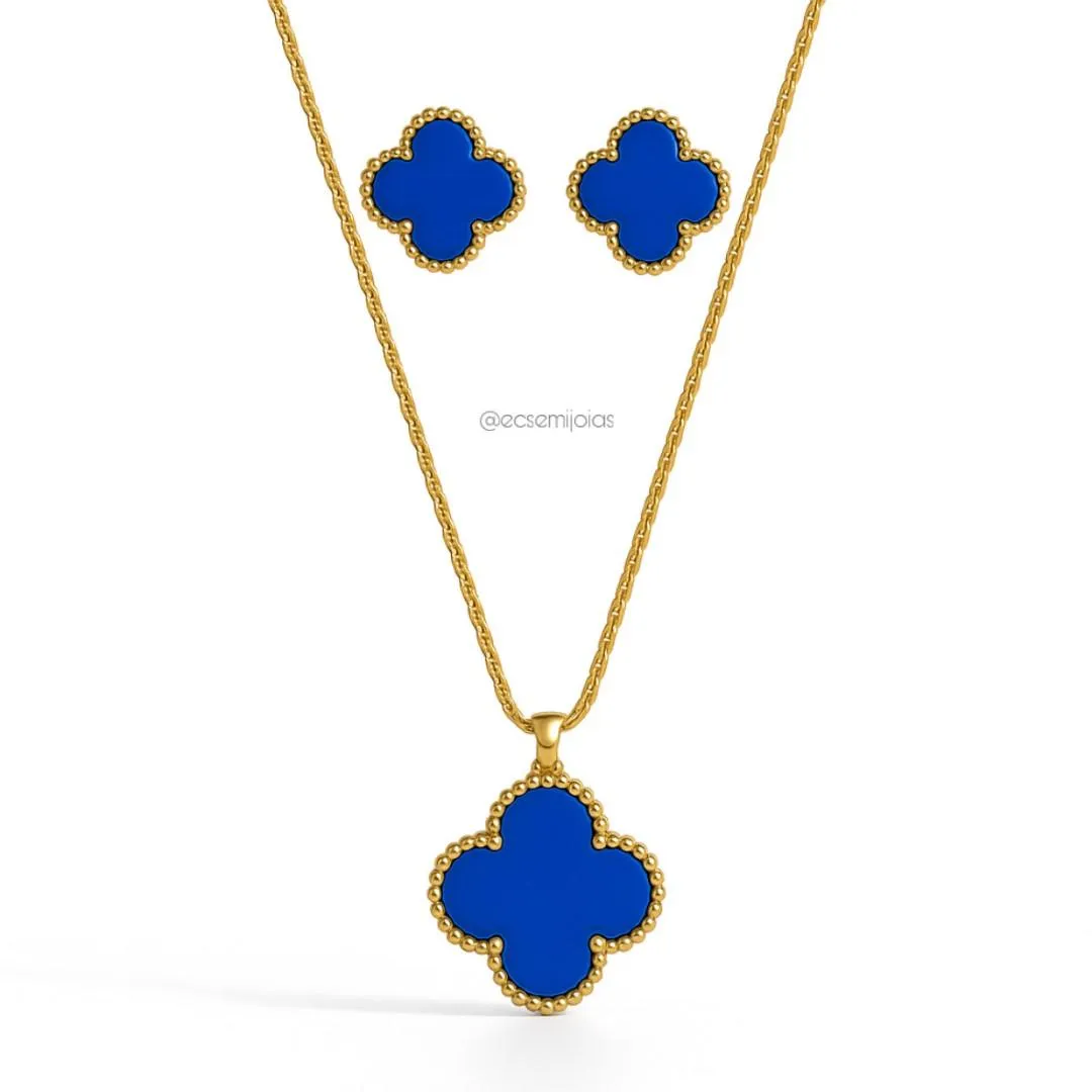 Conjunto de brinco e colar de trevo 13mm - aço inoxidável dourado