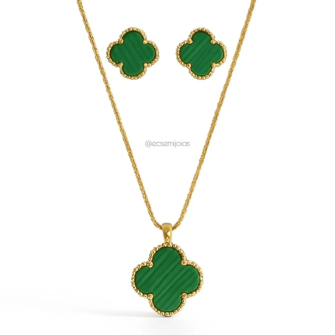 Conjunto de brinco e colar de trevo 13mm - aço inoxidável dourado