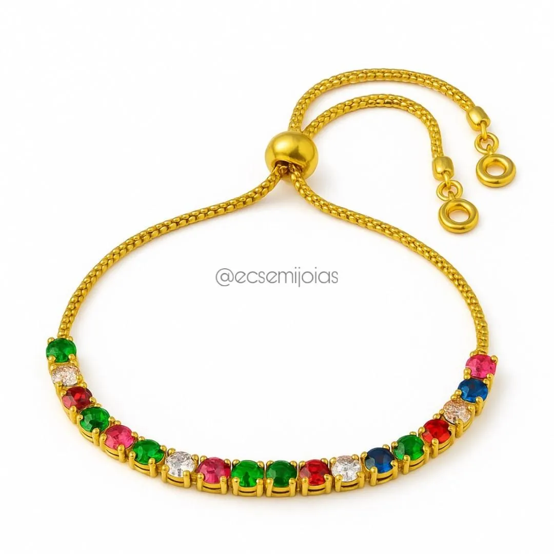 Pulseira ajustável com fileira de zircônias coloridas - banhado a ouro 18k