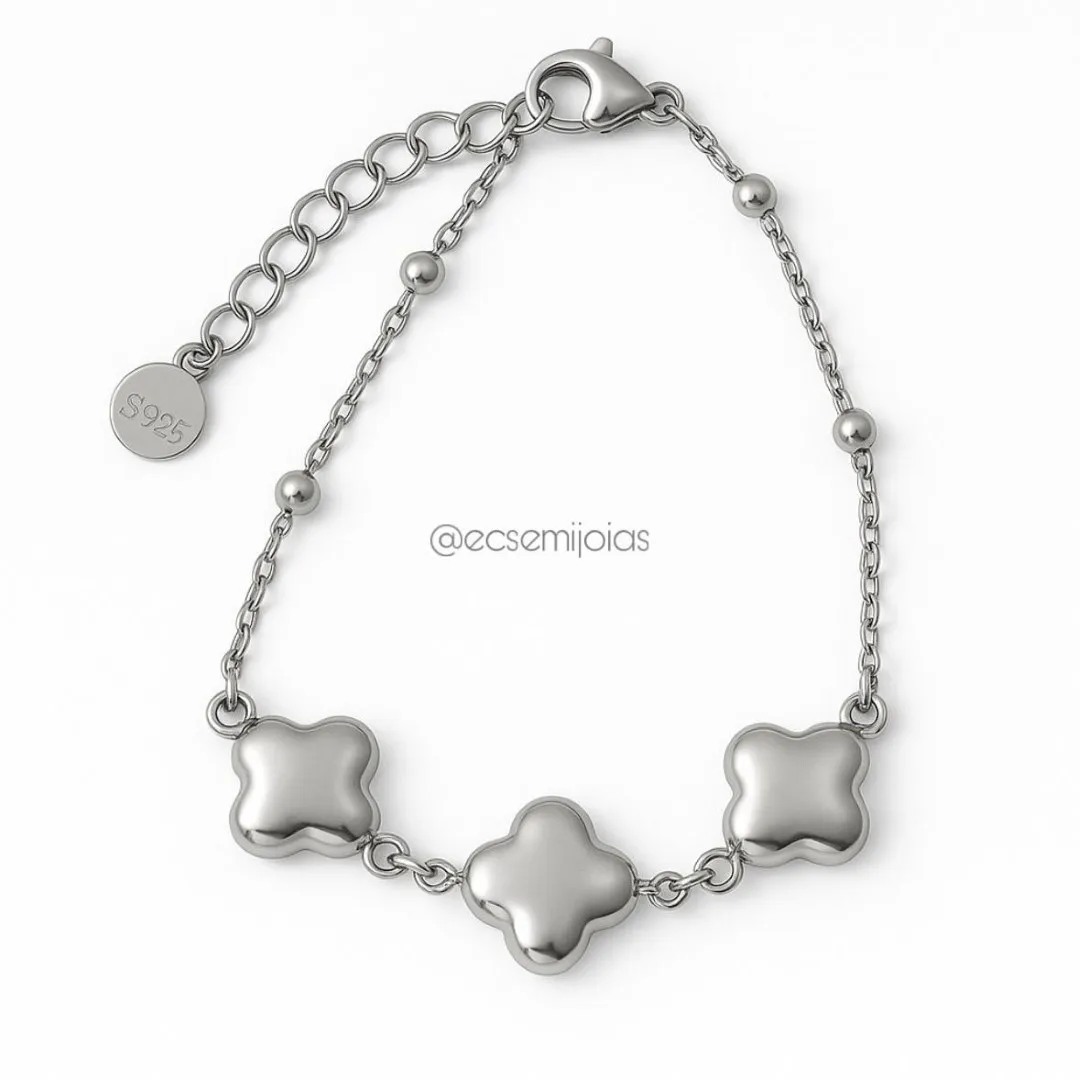 Pulseira com 3 trevos lisos - 16cm + extensor - aço inoxidável