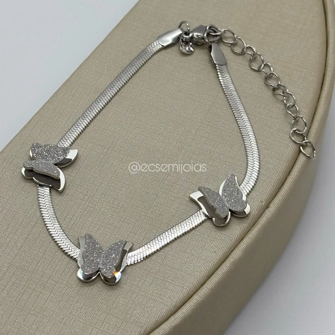 Pulseira de fita 3mm com 3 borboletas diamantadas - 19cm + extensor - aço
