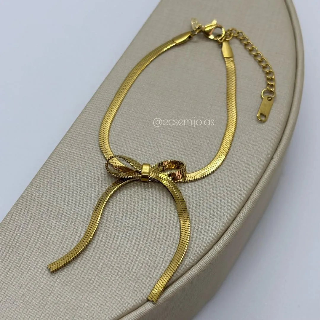Pulseira de fita 3mm com laço de fita - 17cm + extensor - aço dourado