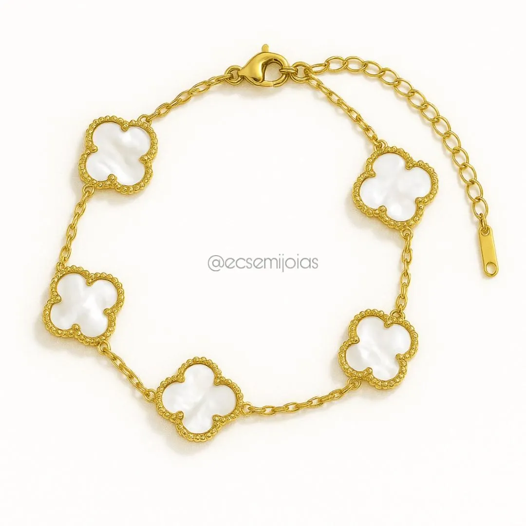 Pulseira de trevo 13mm - 16,5cm + extensor - aço inoxidável dourado
