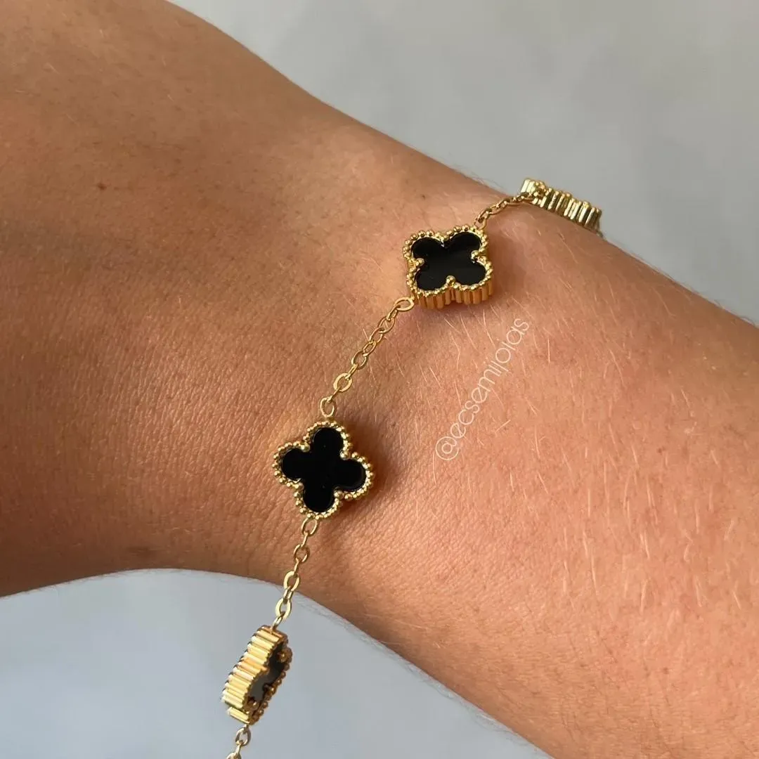 Pulseira de trevo 13mm - 16,5cm + extensor - aço inoxidável dourado