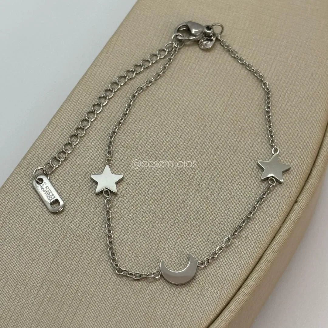 Pulseira portuguesinha com 1 lua e 2 estrelas lisas - 17cm + extensor - aço