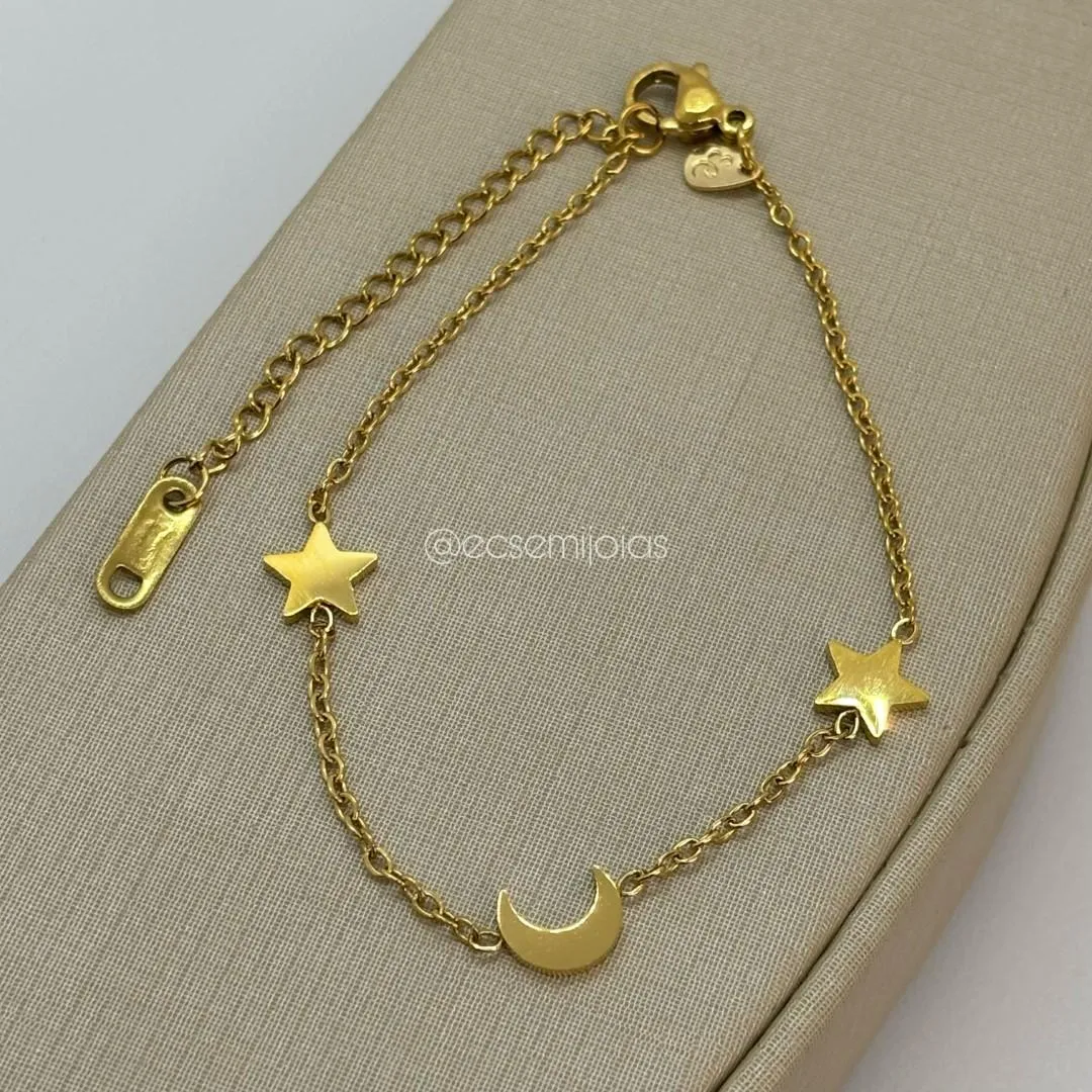 Pulseira portuguesinha com 1 lua e 2 estrelas lisas - 17cm + extensor - aço dourado
