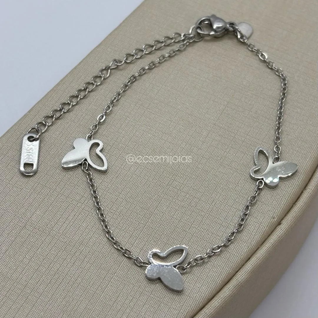 Pulseira portuguesinha com 3 borboletas lisas - 17cm + extensor - aço