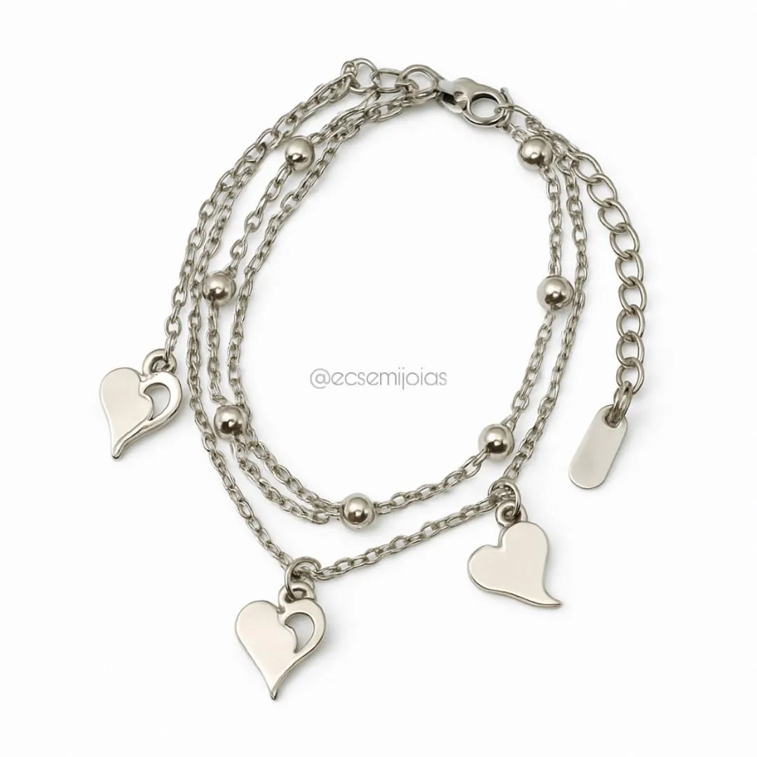 Pulseira portuguesinha tripla com bolinhas e 3 corações lisos  - 17cm + extensor - aço