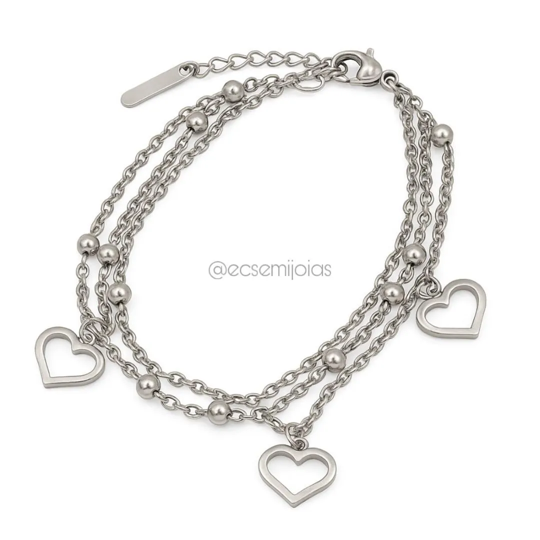 Pulseira portuguesinha tripla com bolinhas e 3 corações lisos vazados - 17cm + extensor - aço