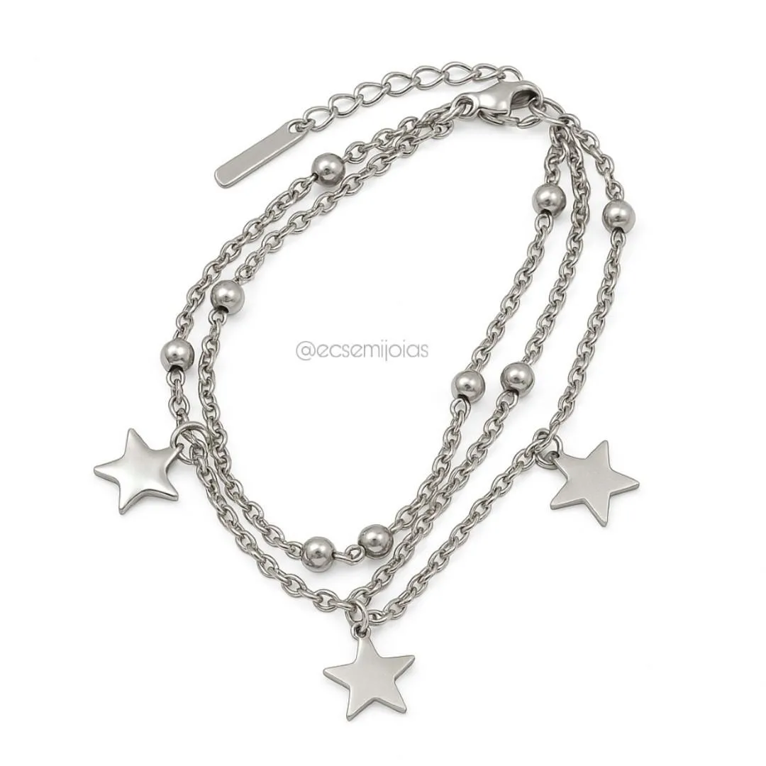 Pulseira portuguesinha tripla com bolinhas e 3 estrelas lisas - 17cm + extensor - aço