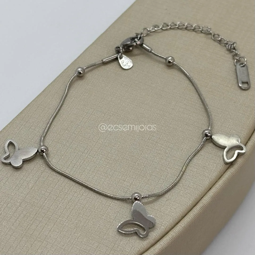 Pulseira rabo de rato com 3 borboletas lisas - 17cm + extensor - aço