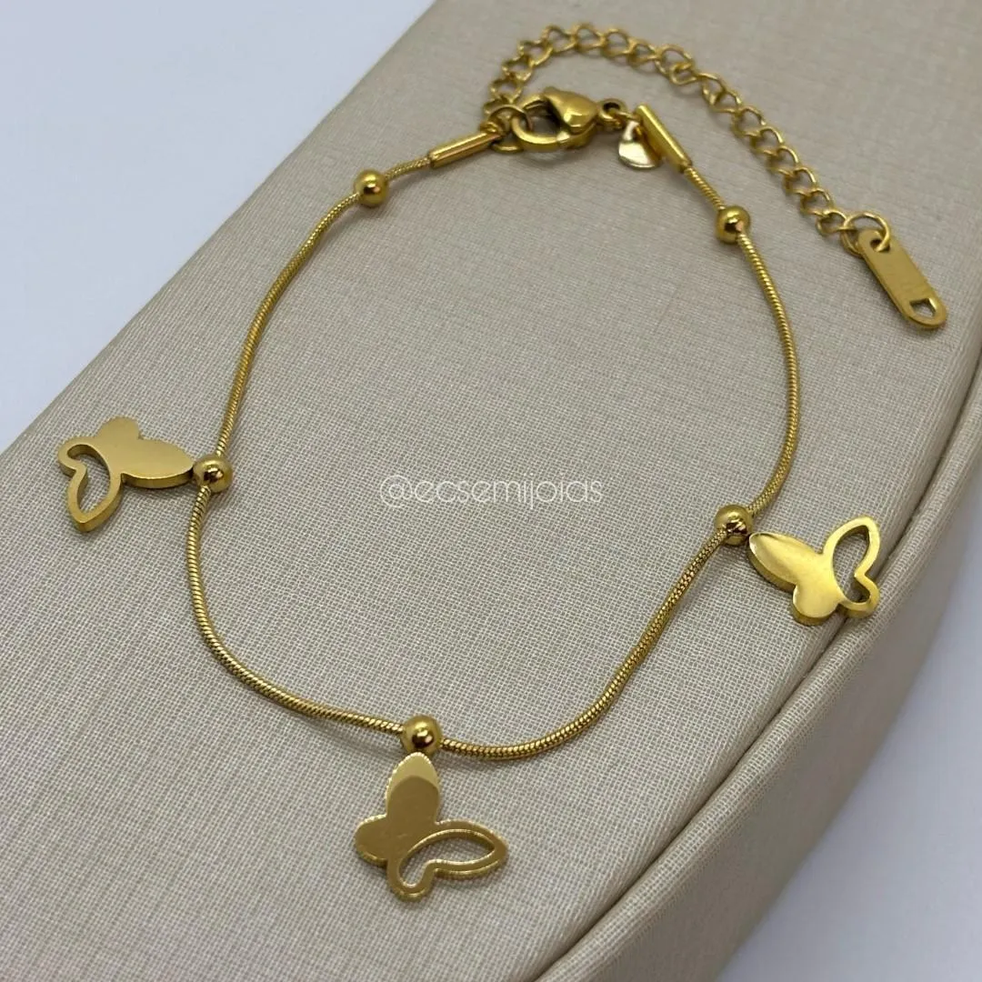 Pulseira rabo de rato com 3 borboletas lisas - 17cm + extensor - aço dourado
