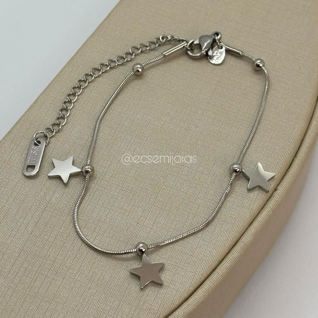 Pulseira rabo de rato com 3 estrelas lisas - 17cm + extensor - aço