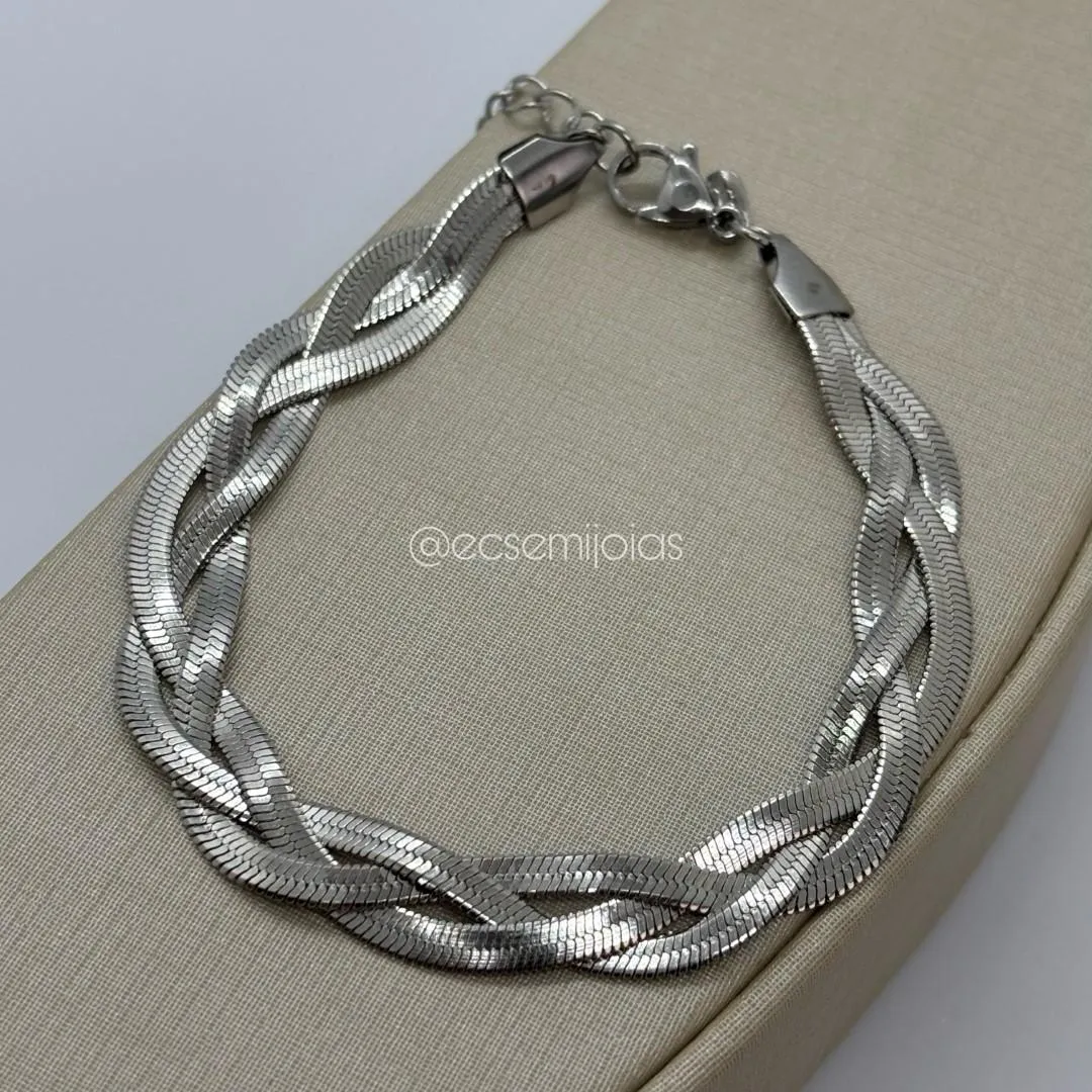 Pulseira trançada tripla de fita 3mm - 19cm + extensor - aço