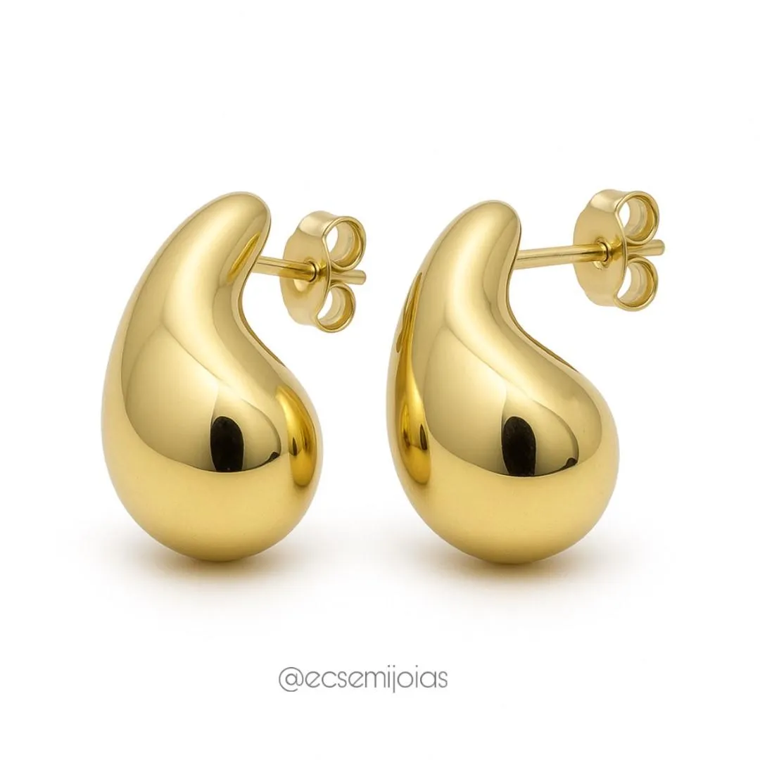 Brinco de gota lisa polida EG - 20x29mm - banhado a ouro 18k