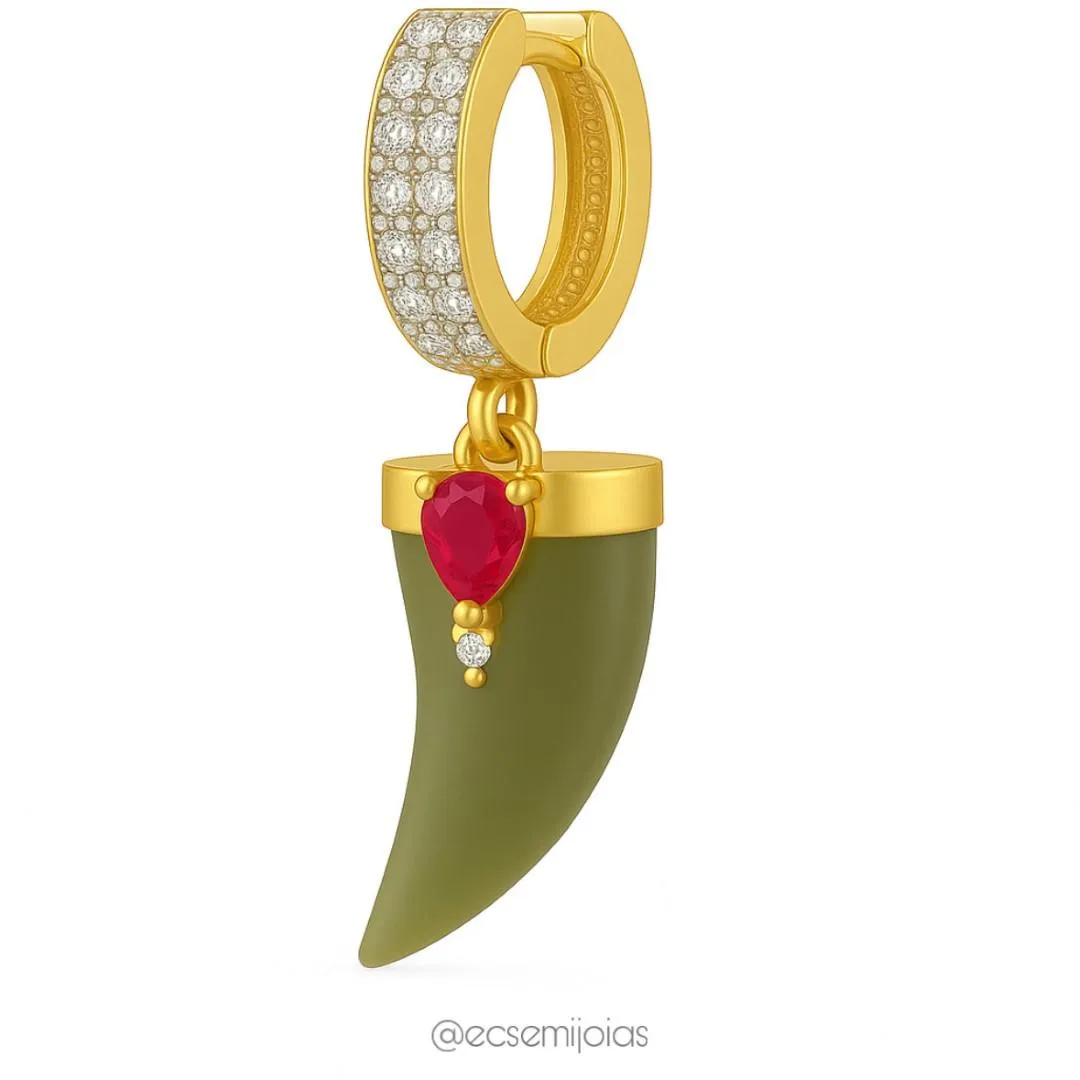 Argola cravejada com 2 fileiras com pedra em formato de dente de sabre com gota no centro -  banhado a ouro 18k