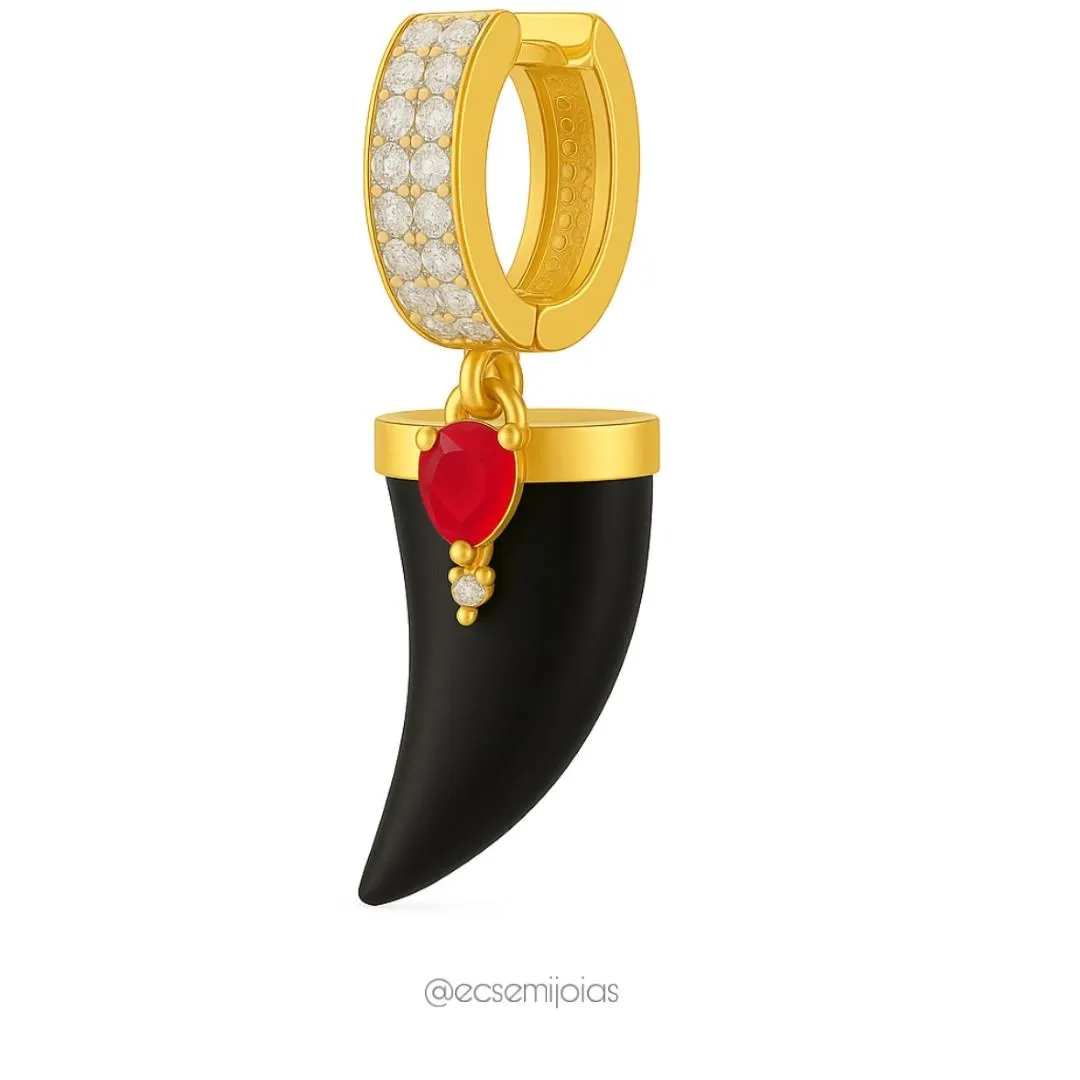 Argola cravejada com 2 fileiras com pedra em formato de dente de sabre com gota no centro -  banhado a ouro 18k
